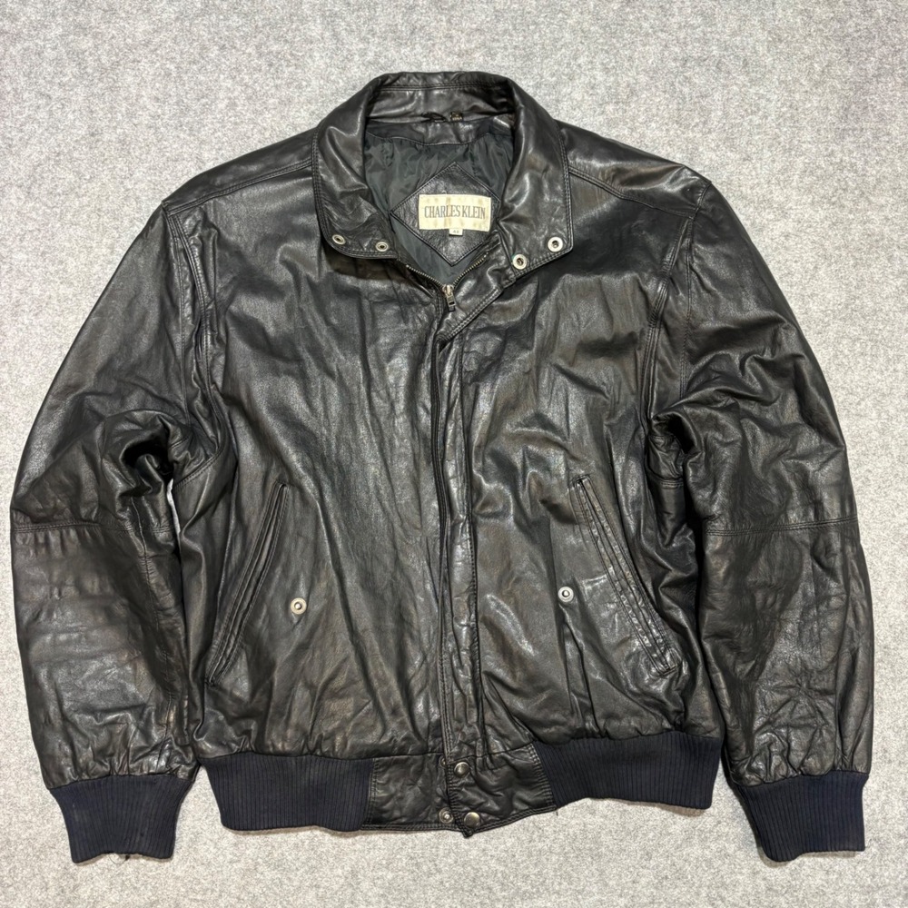 Charles Klein Mens Black Genuine Leather Bomber Jacket Size 48 Quilted Lining